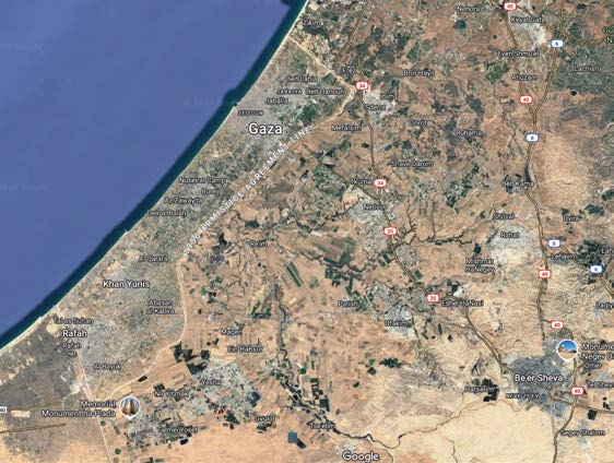 Kort over Israels sydlige grænse til Gaza og de hårdt ramte samfund, som ICEJ hjælper med at genopbygge. (Google Earth)